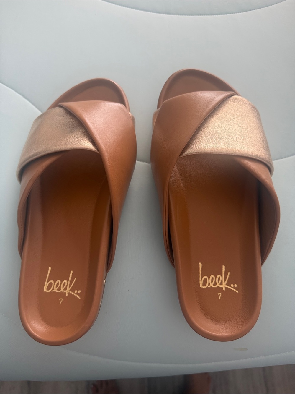 beek Two-Tone Tan and Copper Crossband Slide Mules
